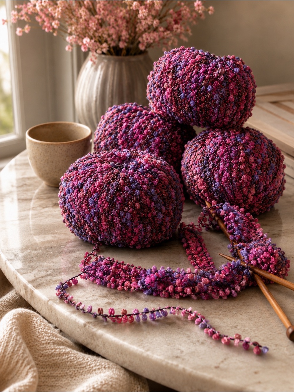 Muench Yarns FABU Lot 10 Skeins Pink Purple Boucle Ribbon Yarn 50g France NEW